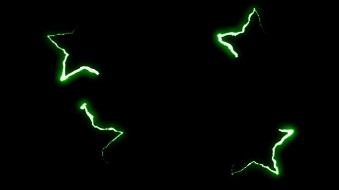 可循环绿色霓虹灯闪电星符号形状飞行黑色背景动画新质量独特自然光效果视频素材