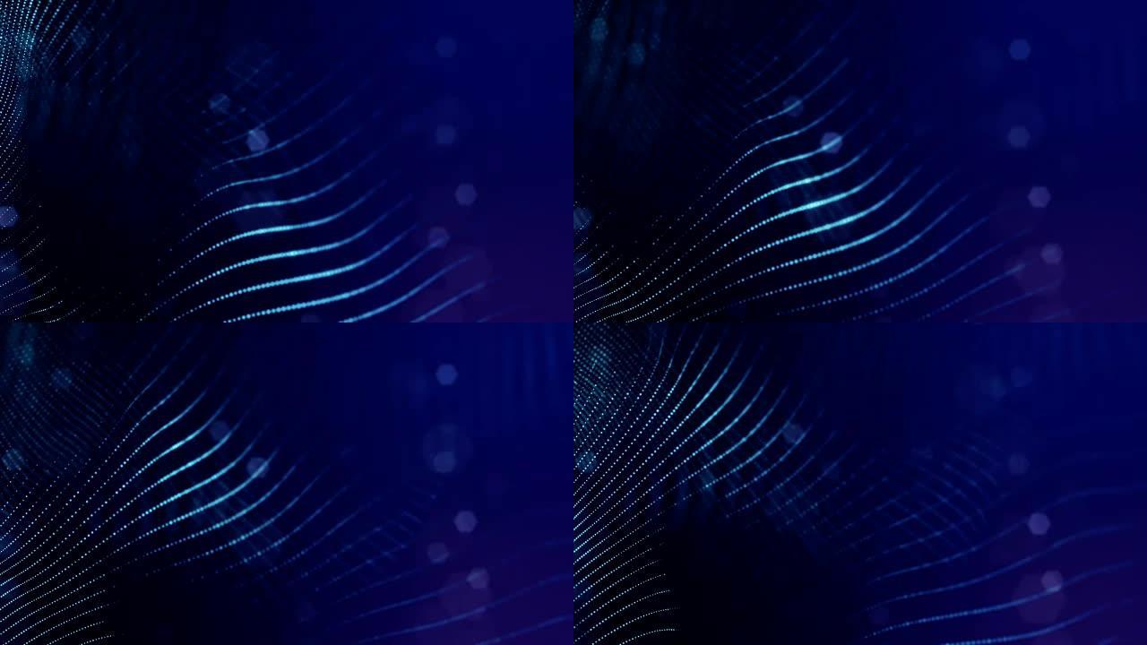 3d渲染背景与粒子和景深。循环动画，无缝镜头。深色数字抽象背景，带有美丽的发光颗粒。蓝色V6