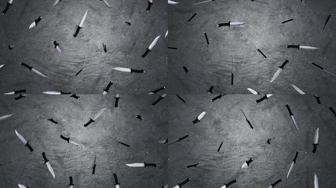 大刀刀片关闭孤立在灰色背景上。飞刀的动画。大量武器的概念