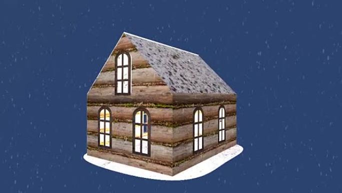 木制玩具屋旋转动画在冬季白雪背景，带出售标志，可循环
