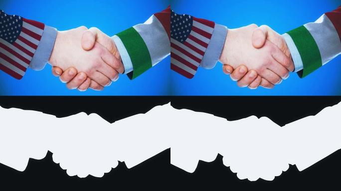 美国-意大利/握手概念动画国家和政治/与matte频道