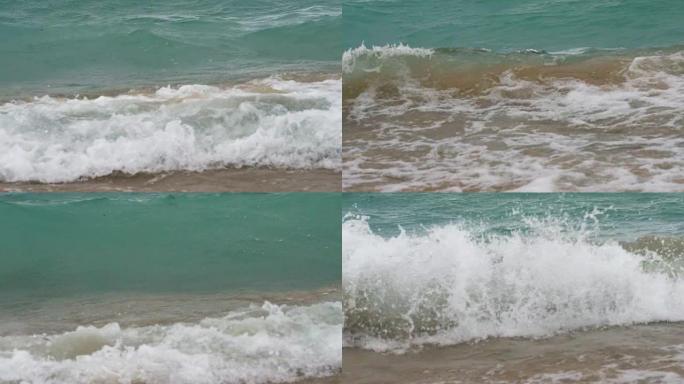 慢动作波浪在岸上破裂
