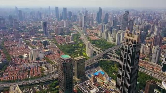 中国白天上海城市景观著名交通路口空中全景4k