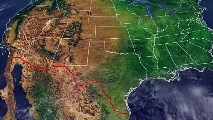 美国地图和与墨西哥的边界，带有浮雕和北美山脉的美国地图，墙壁将美国与墨西哥的边界分开
