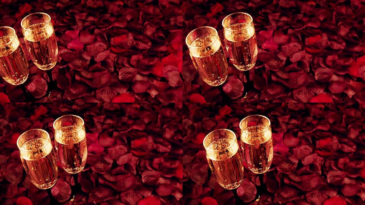 桌子上覆盖着花瓣红玫瑰。