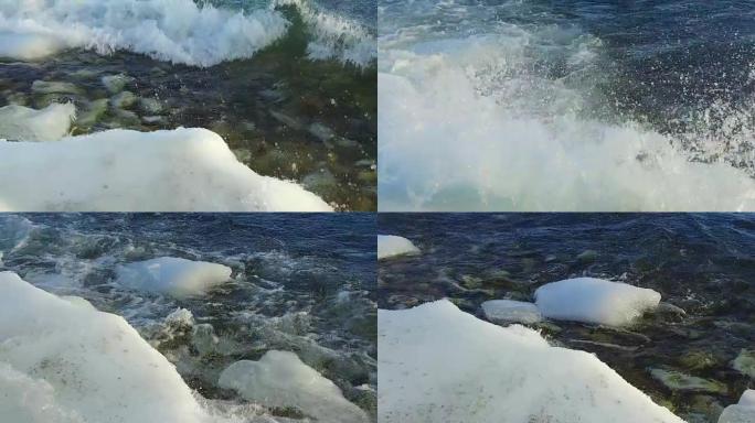 波浪在冰面上破碎慢动作，相机沿岸边移动