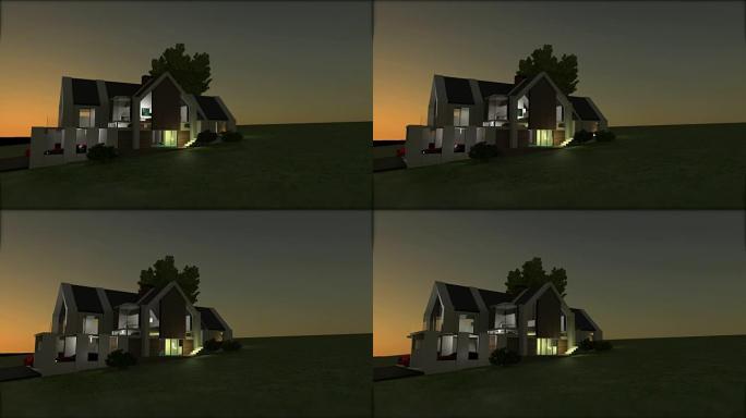 现代当代房屋的3D模型可视化。相机轻微移动。3D渲染动画