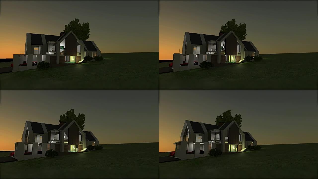 现代当代房屋的3D模型可视化。相机轻微移动。3D渲染动画