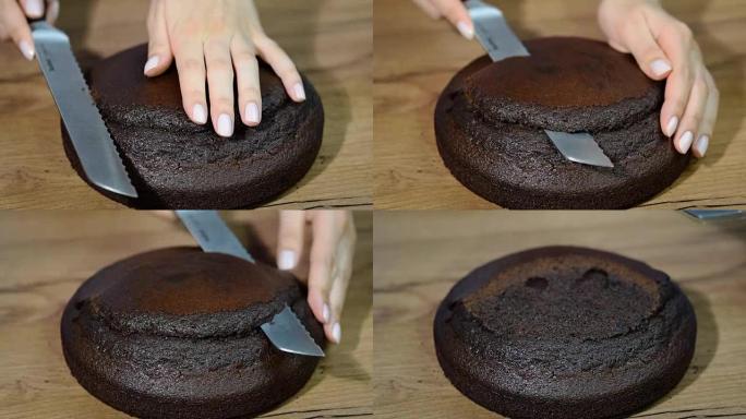 女人切掉巧克力蛋糕的顶部