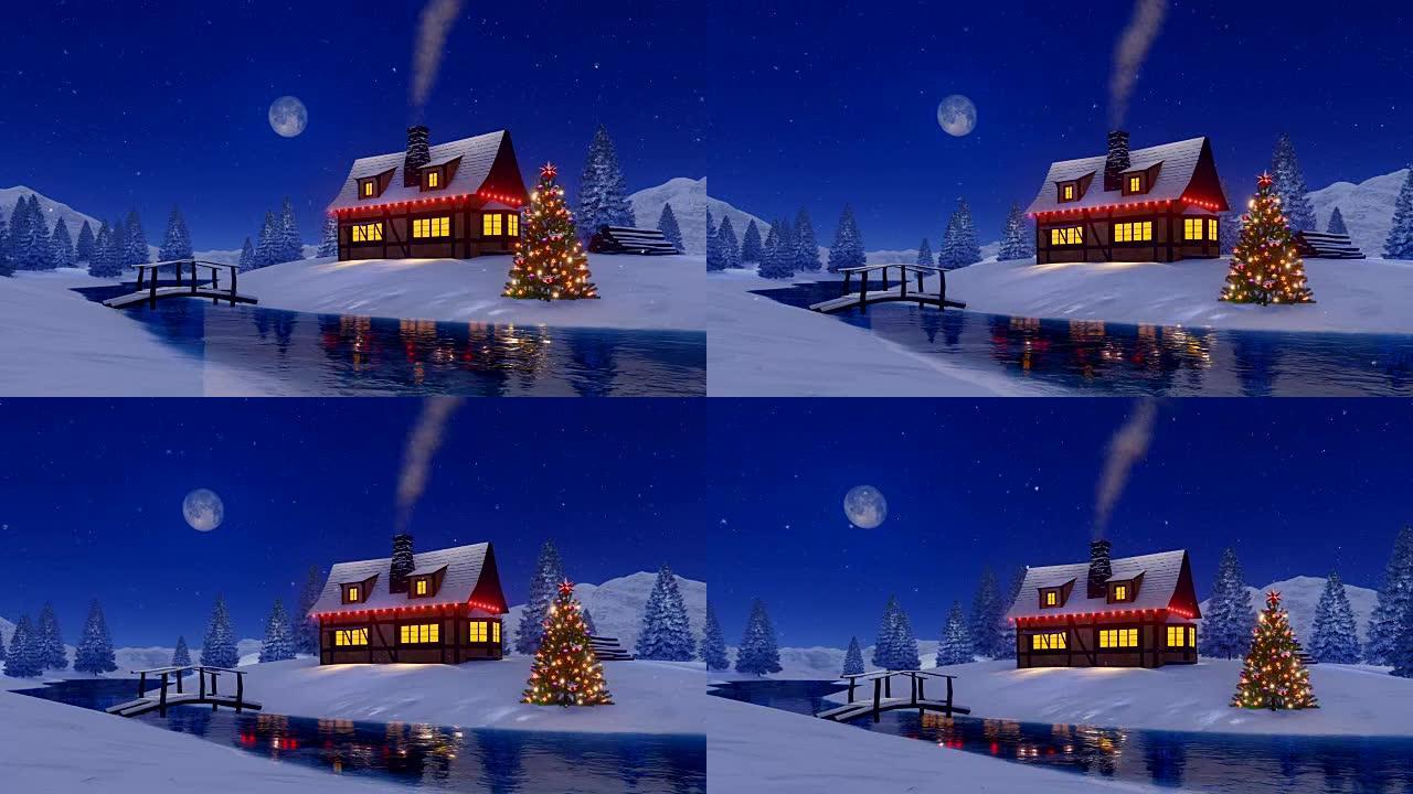 雪夜的乡村房屋和照明圣诞树