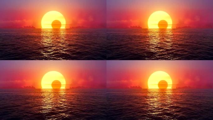 日落和日食在无缝环绕的海洋上。