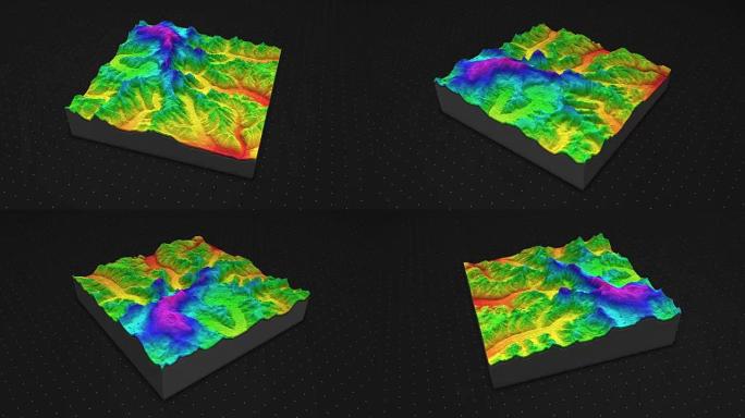 土壤切片的3d渲染，山脉孤立在黑暗背景上。