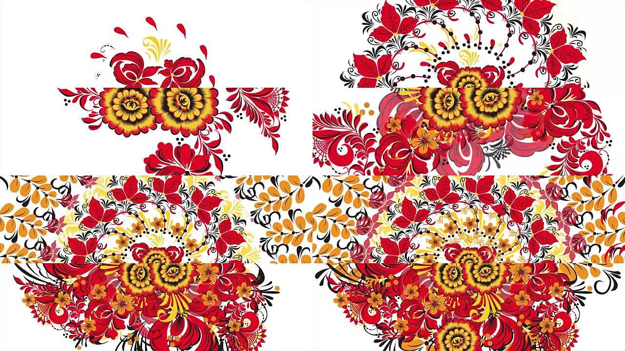 在白色背景上画红色的花朵和浆果的Khokhloma俄罗斯。抽象分形变换背景。白色背景上的红色Khok