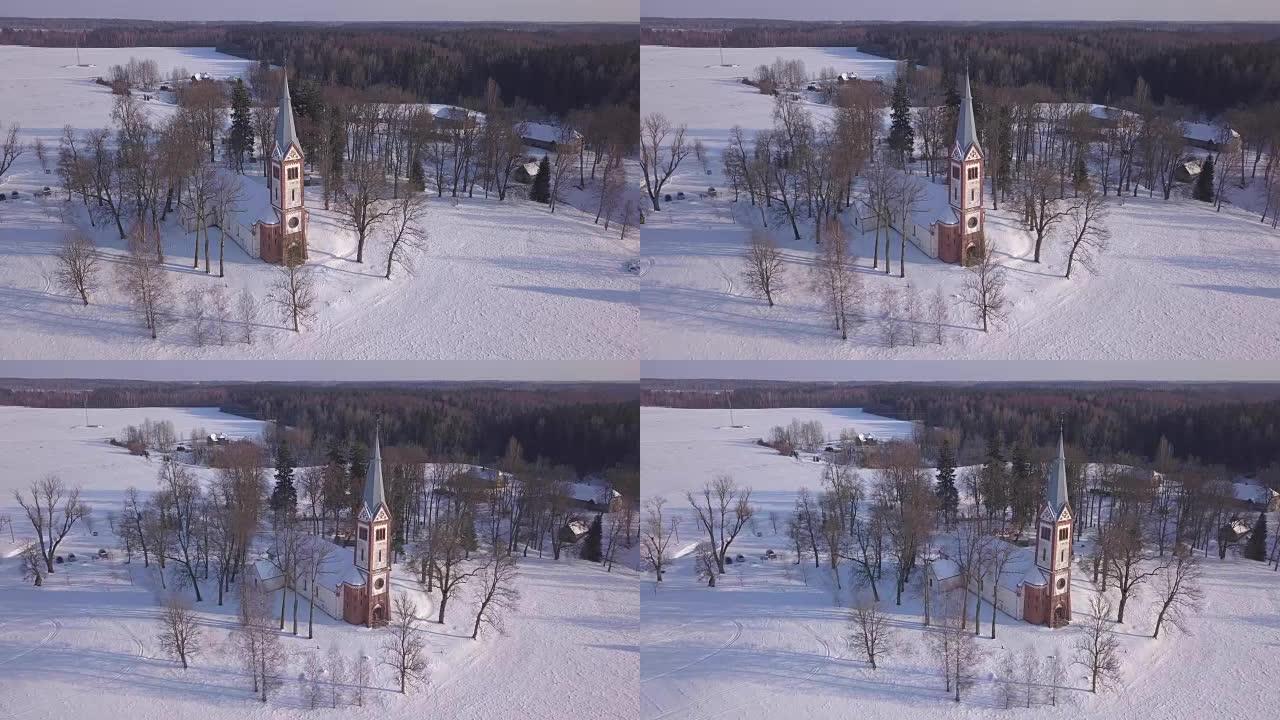 教堂冬季场克里木达拉脱维亚空中无人机俯视图4K UHD视频