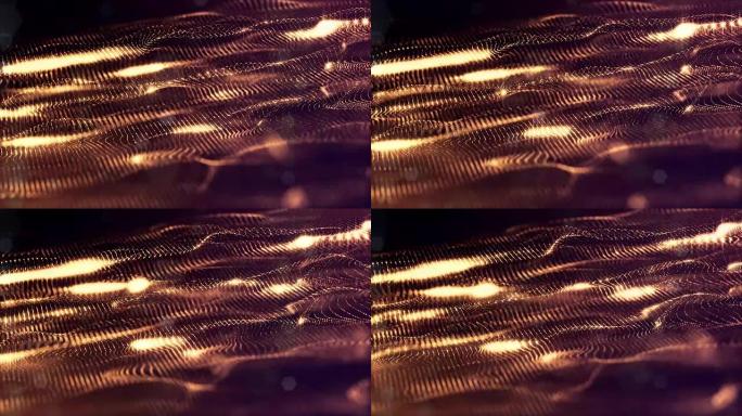 3d渲染背景与粒子和景深。循环动画，无缝镜头。深色数字抽象背景，带有美丽的发光颗粒。金色V6