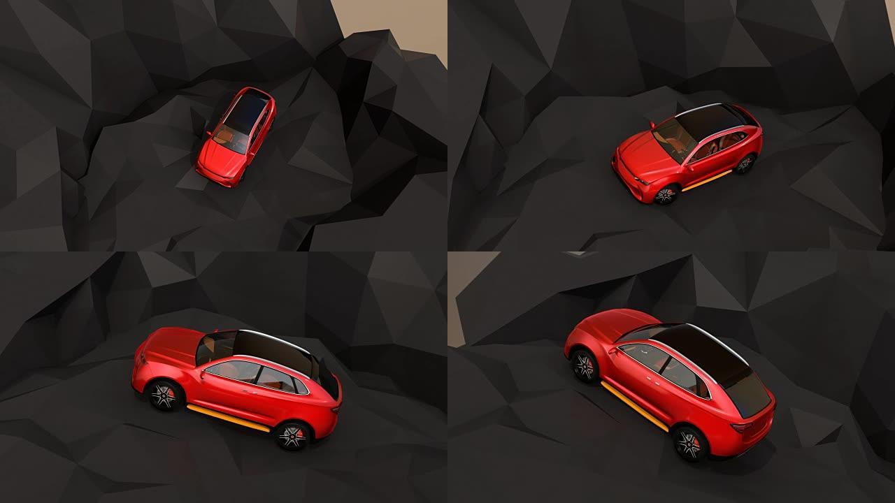 金属红色自动电动SUV在几何硬面地面上行驶