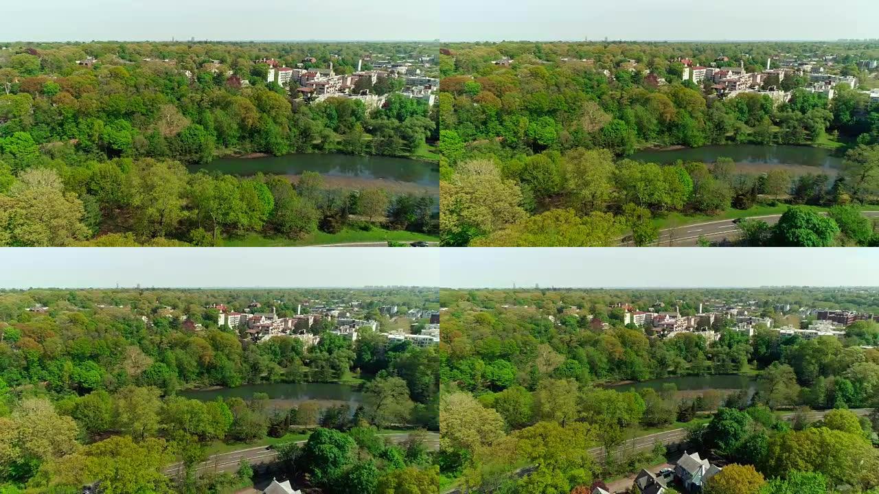 布朗克斯维尔村在布朗克斯河公园和布朗克斯河上的风景鸟瞰图。
