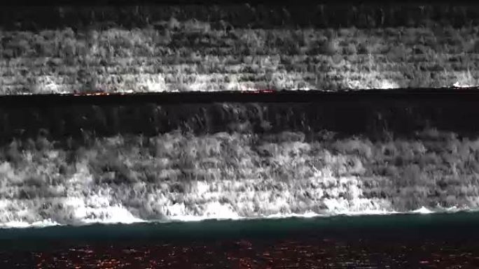 迪拜湖上的瀑布，夜间照明，VAE，4K