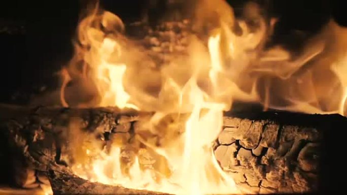 慢动作: 男性手打开壁炉门，将柴火扔进壁炉。