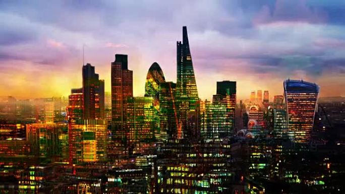 伦敦城商业咏叹调在日落。伦敦金融城是欧洲领先的金融中心。