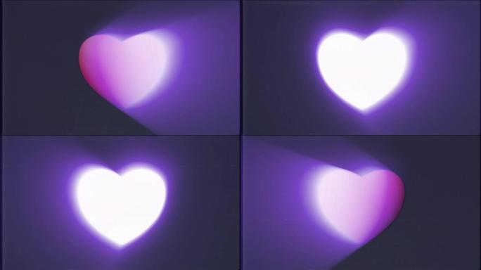 闪亮的心形紫色光线在旧vhs磁带上移动复古噪音效果电视屏幕动画背景无缝循环-新质量通用复古多彩动机视