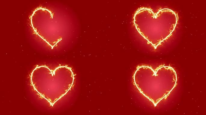 4k动画外观红色或橙色心形火焰或燃烧在红色深色背景和火火花上。运动图形和动画背景。