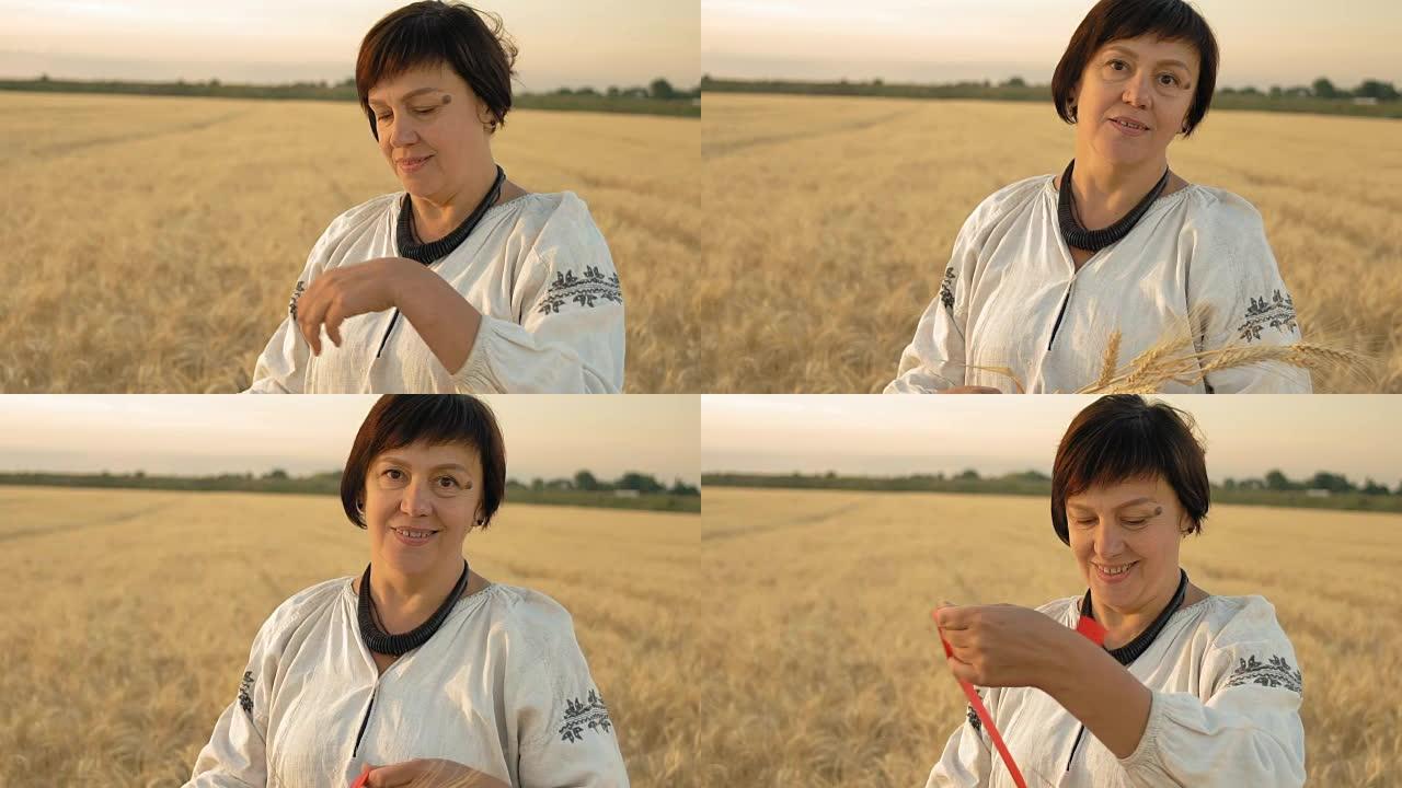慢动作，特写镜头，穿着国家衬衫的女人早上在田间的小麦小穗周围编织一条红丝带