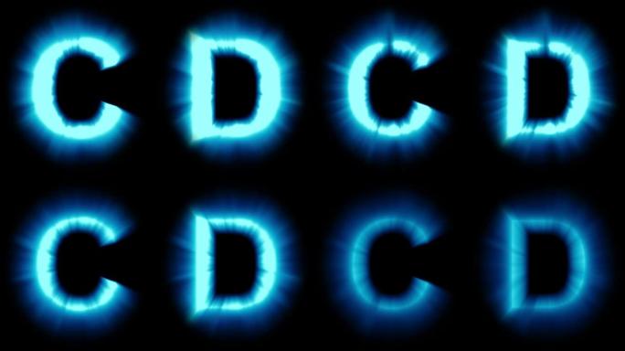 轻字母C和D-冷蓝光-强烈闪烁和强烈闪烁动画循环-隔离