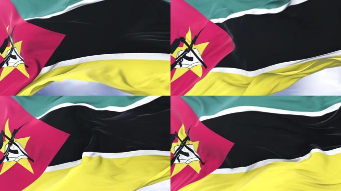 莫桑比克国旗在蓝色的天空中缓慢地在风中挥舞，循环