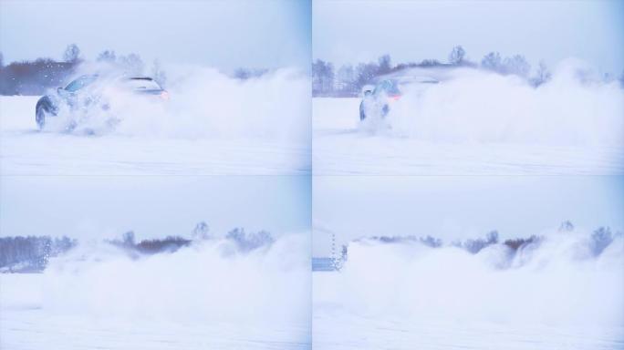 汽车在雪地里掉头。跑车在雪地里行驶。蓝色跨界在雪地里耍花招