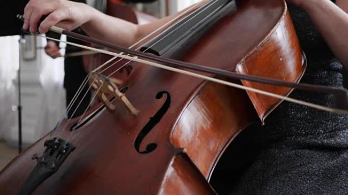 用小提琴弓的低音提琴的特写镜头，女性手在乐器上演奏