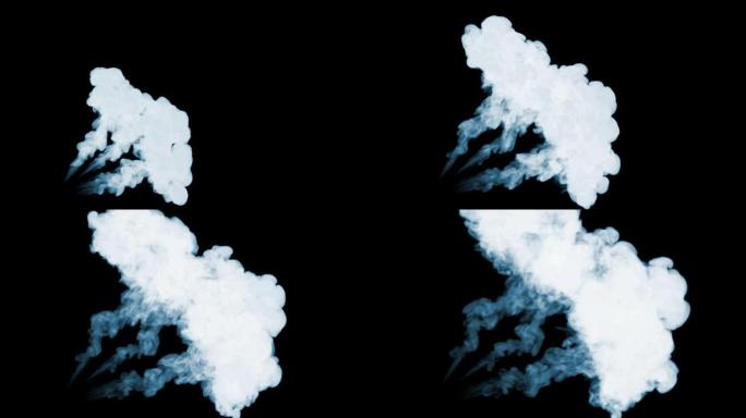 慢动作的烟雾流。三种烟雾在黑色背景上隔离，背光，可合成视觉效果。对于透明度使用模式屏幕。V7