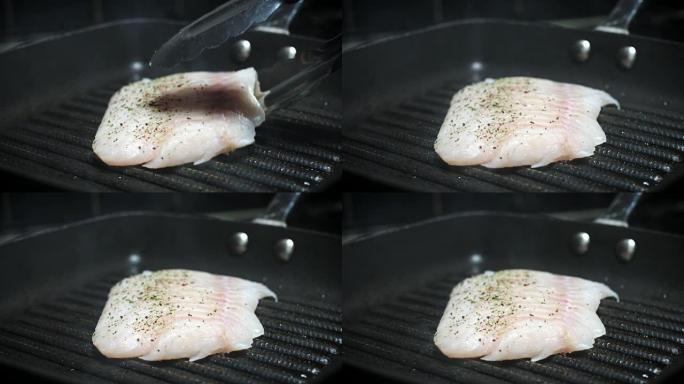 4k鳕鱼烹饪过程，在平底锅上烧烤