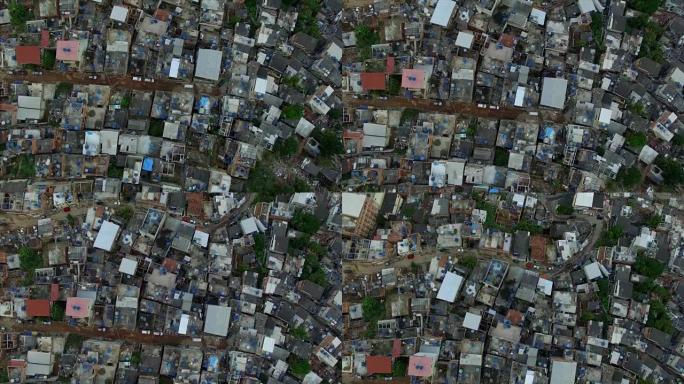 Favela天线: 上帝的视线在巴西里约热内卢密密麻麻的贫民窟房屋中缓慢移动