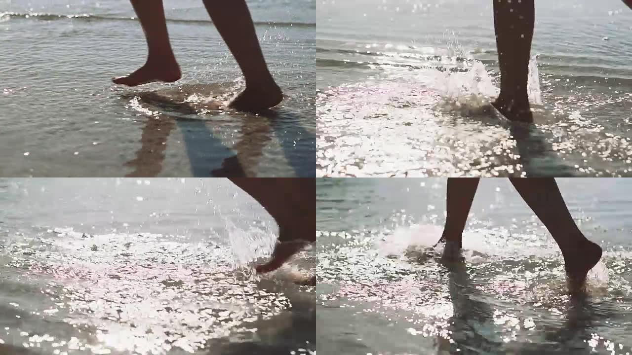 一个年轻女子的腿沿着海岸行走。女人沿着海岸奔跑，溅海水，慢动作。女人赤脚跑到浅层透明的海水里。