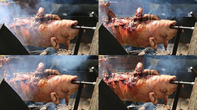 Roasting piglet , grilled pig at street food marke