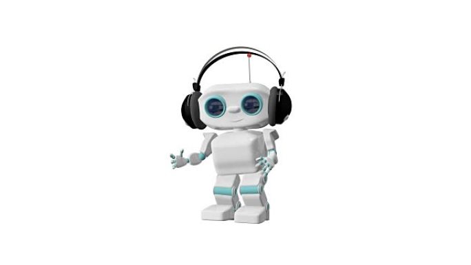 小机器人在耳机中跳舞的3D动画Alpha通道