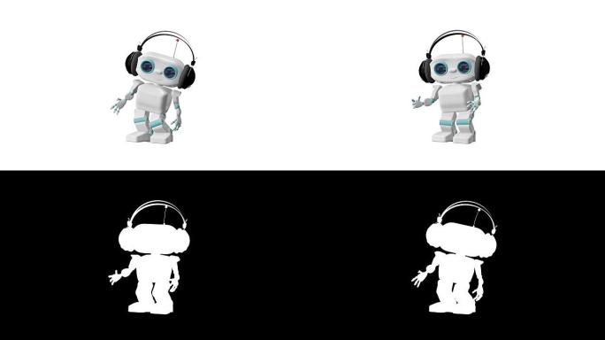 小机器人在耳机中跳舞的3D动画Alpha通道