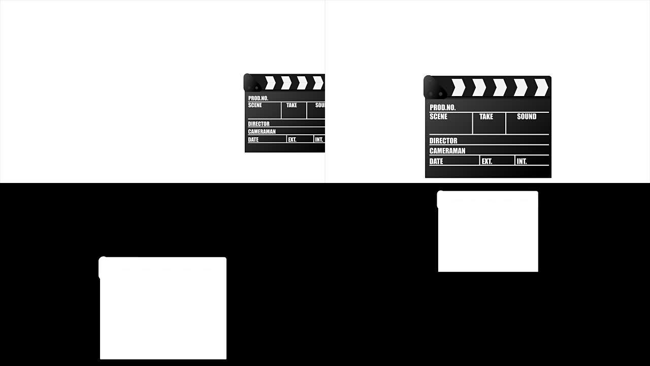 电影拍板动画。拍板。电影摄影概念动画，可选亮度哑光。包括阿尔法亮度哑光。4k视频
