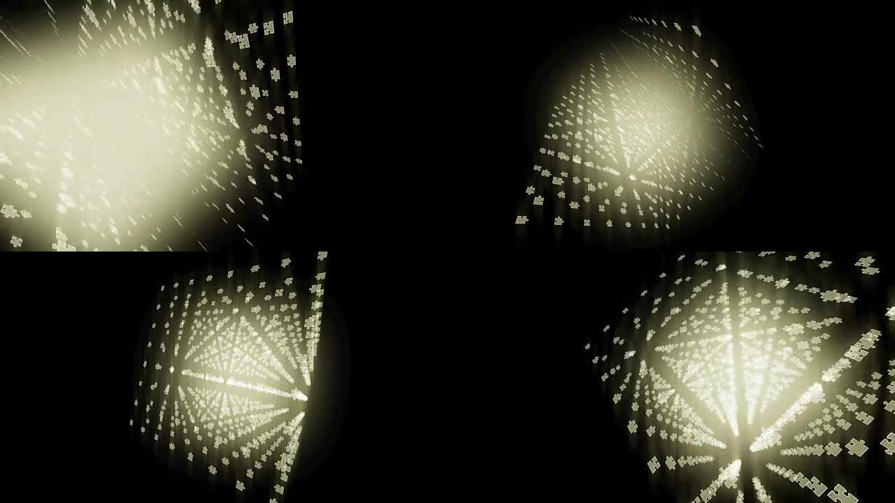 抽象几何方形盒子形状从拼图黄色发光图案背景旋转移动，无缝循环动画4K与复制空间