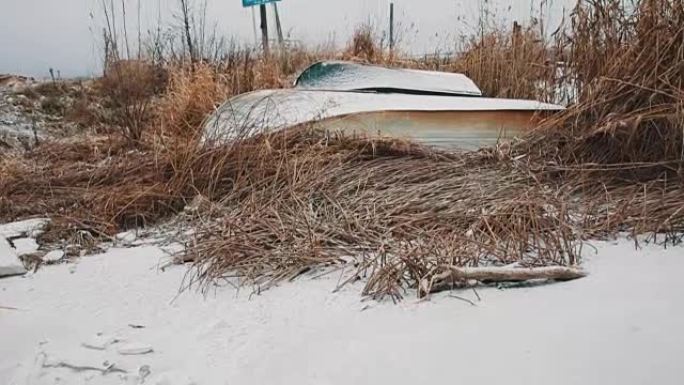 冰雪覆盖在冰冻的湖岸上的芦苇中翻船