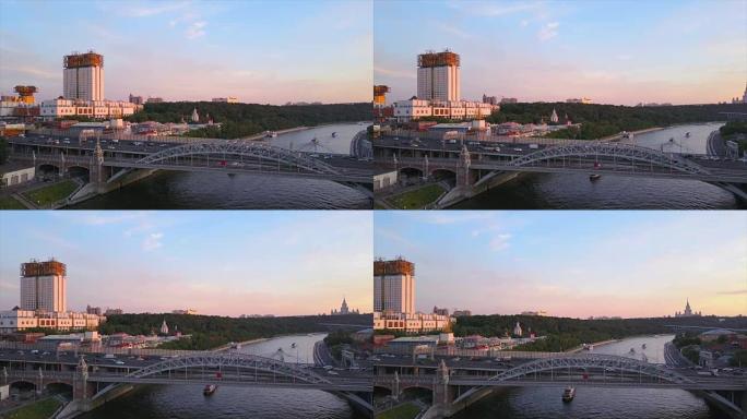 俄罗斯日落莫斯科市河畔国家科学院空中全景4k