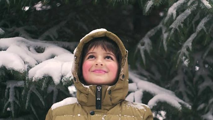 脸颊上红晕的孩子微笑着看着雪