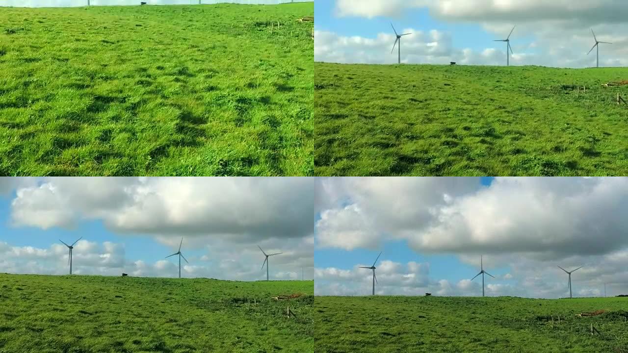 在法国诺曼底的农田生产用于电力生产的风车。可再生能源，工业农业概念。环境友好型电力生产