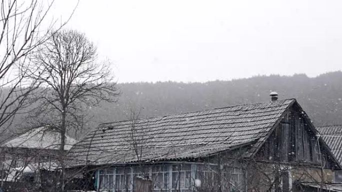 美丽的冬季村庄背景。大雪落在农村建筑的屋顶上 ..森林自然。浪漫仙境。环境优美