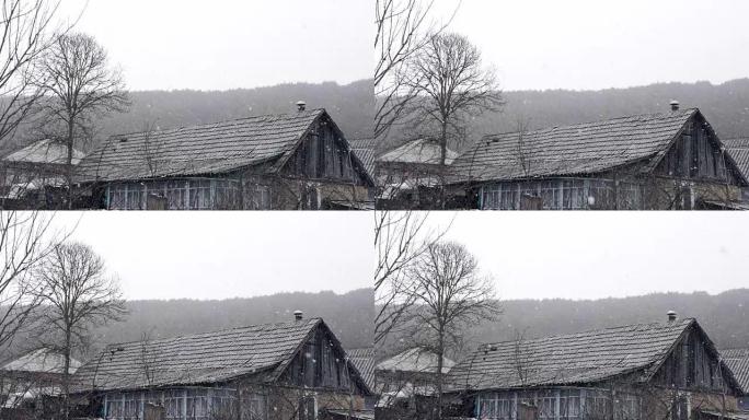 美丽的冬季村庄背景。大雪落在农村建筑的屋顶上 ..森林自然。浪漫仙境。环境优美