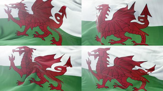 威尔士旗慢摇背景。4k近距离展示旗帜。无缝循环
