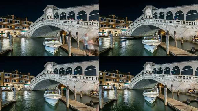 意大利威尼斯夜间在大运河上的里亚托桥或里亚托桥