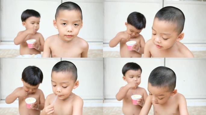两兄弟喜欢在夏天吃冰淇淋