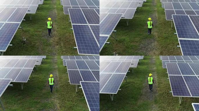 工程检查太阳能电池农场的鸟瞰图，太阳发电，